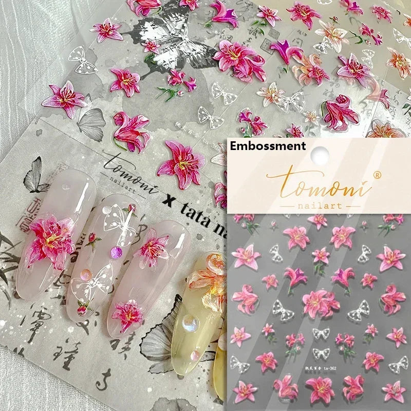Gradient Coloredful Flower Petal Green Leaf Dreamy Shiny Chinese Rose Fantasy Relief Adhesive Nail Art Stickers Manicure Decals (Online Order Only)