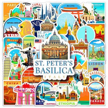 10/30/50pcs Travel City Landmark Building Cartoon Stickers Fridge Laptop Phone Notebook Skateboard Fridge Funny Graffiti Sticker (Online Order Only)