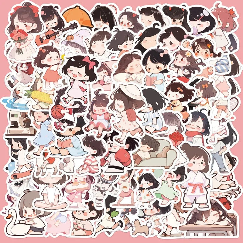 64pcs Cute Cartoon Girl Graffiti Stickers for Helmet, Desktop, Wall Decoration, DIY (Online Order Only)