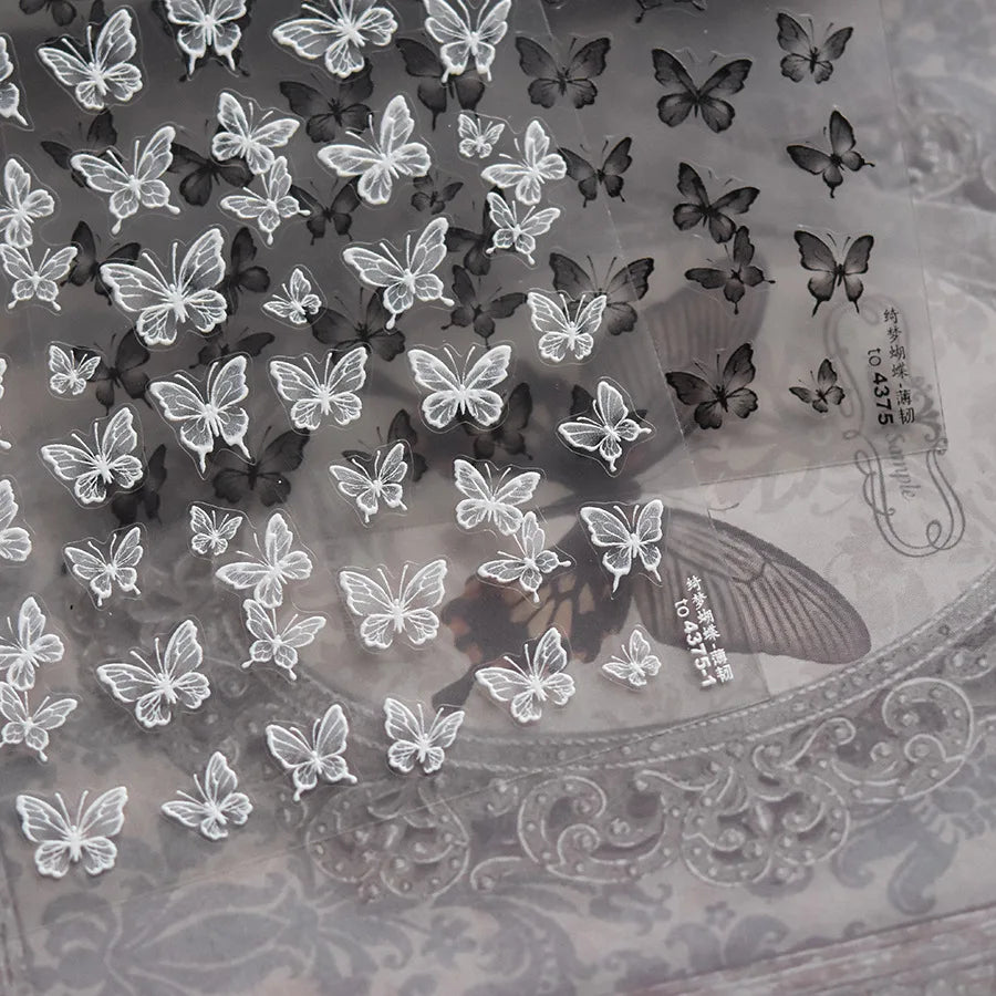 Charming Beautiful Black White Small Butterfly Flower Petal Love Heart Bowknot 5D Self Adhesive Nail Art Sticker Manicure Decals (Online Order Only)