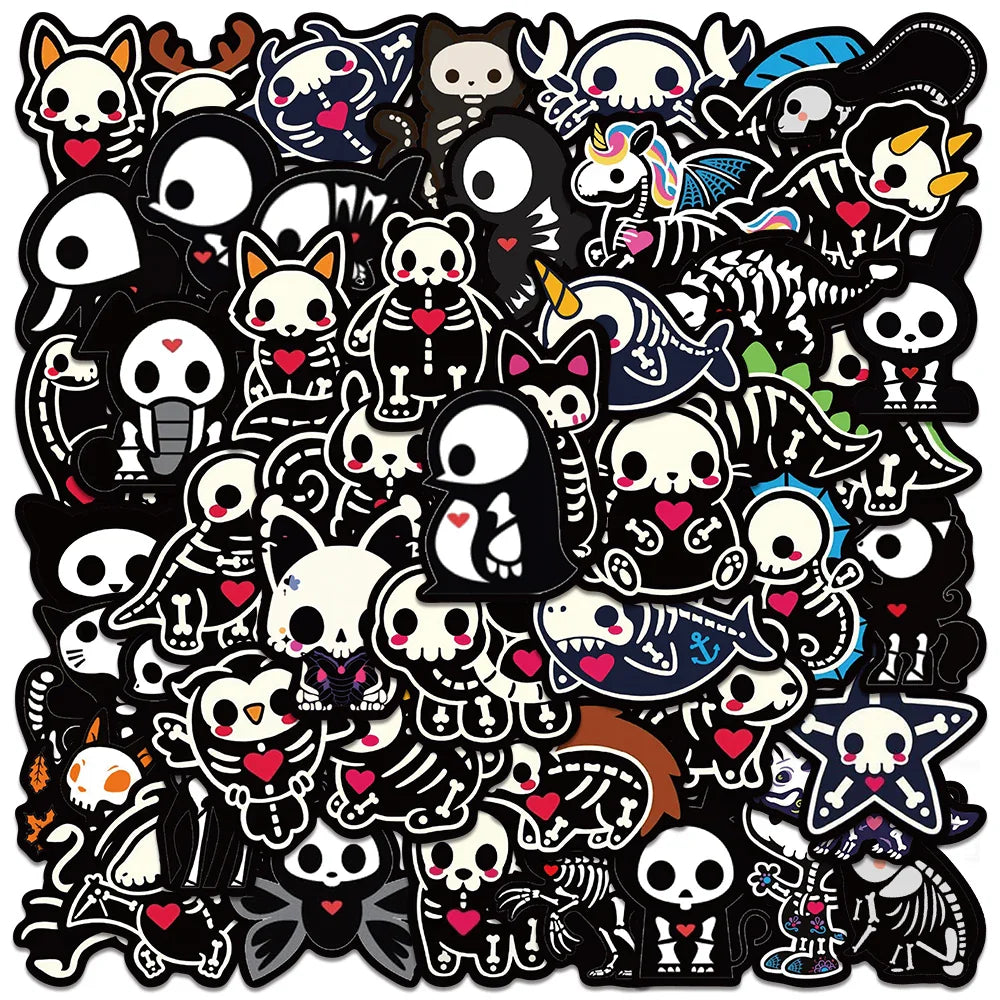 50pcs Cute Cartoon Animals Skeleton Skull Stickers for Laptop Water Bottle Luggage Notebook Waterproof Graffiti Vinyl Decals (ONLINE ORDER ONLY)