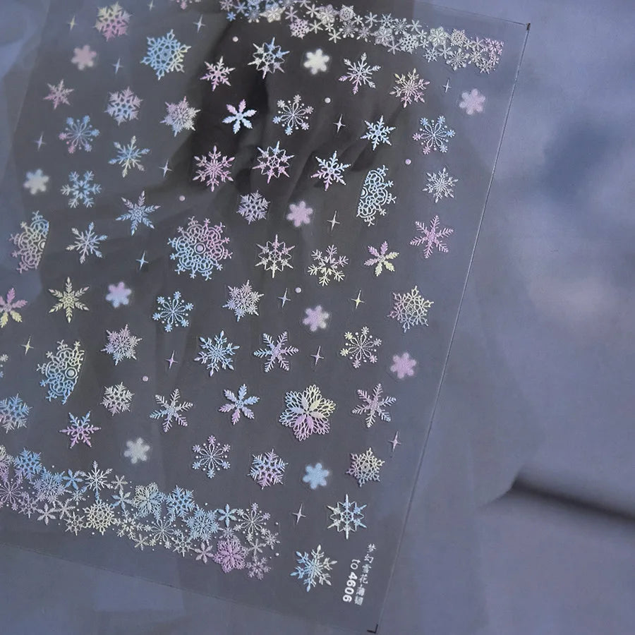 Winter Dreamy Hot Stamping Romantic White Pink Snowflakes Hexagon 3D Self Adhesive Nail Art Stickers Christmas Manicure Decals (ONLINE ORDER ONLY)