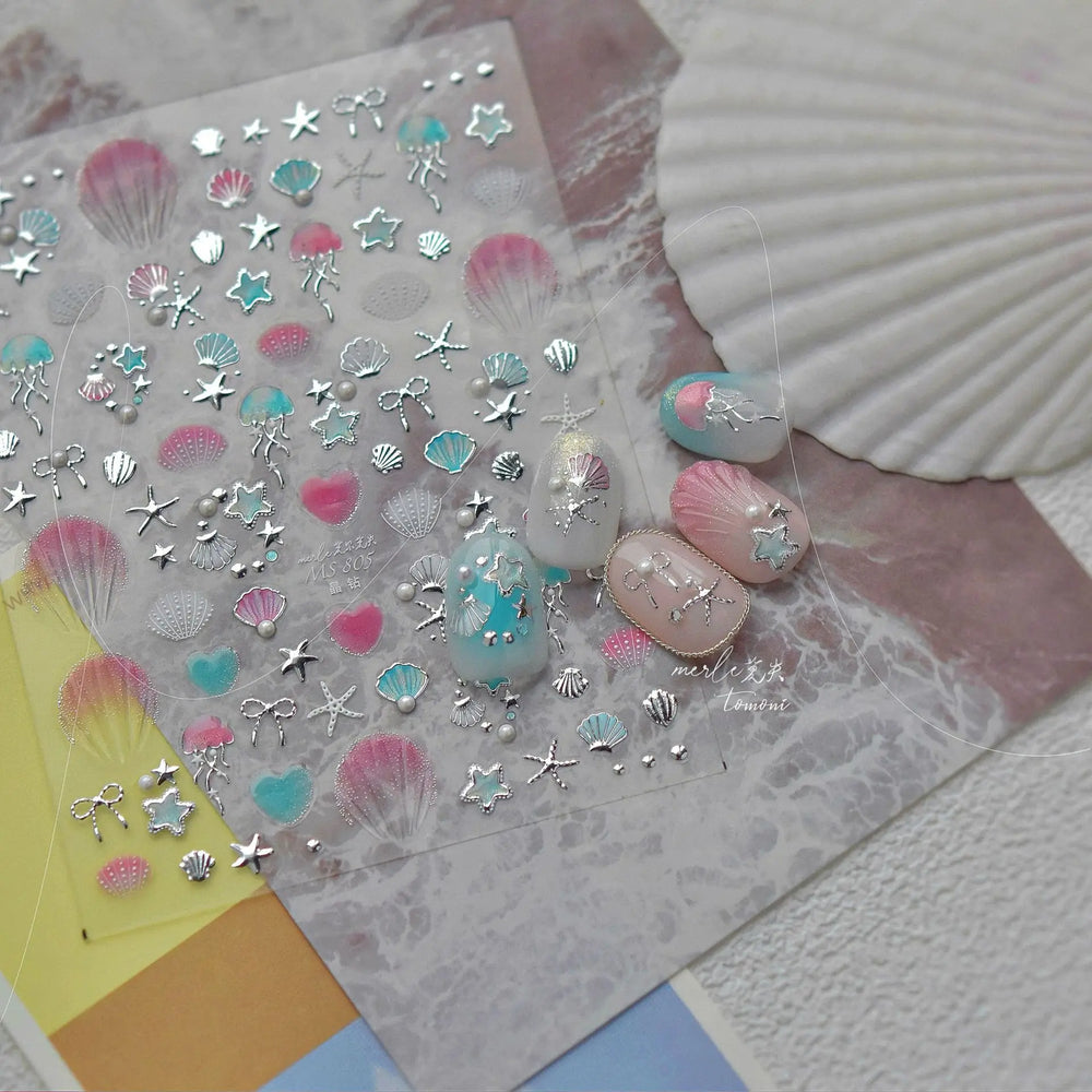 Dizzying Shell Coral Dolphin Starfish Heart Jellyfish Water Bubbles Ocean Adhesive Nail Art Decorations Stickers Manicure Decals (ONLINE ORDER ONLY)