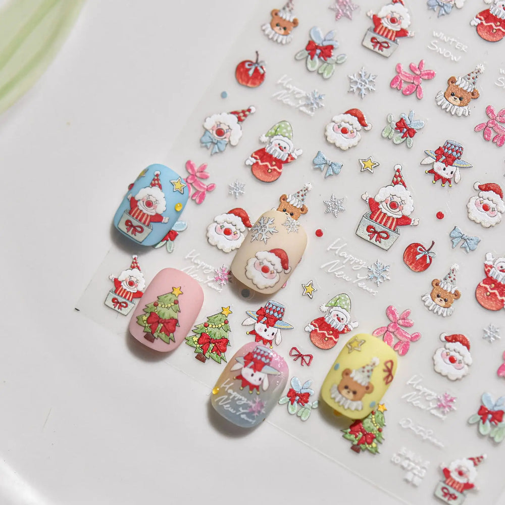 Apple Bear Bunny Snowman Winter Tree Bell Dog Self Adhesive Nail Art Stickers Snowflake Santa Claus Rhinestone Manicure Decals (ONLINE ORDER ONLY)