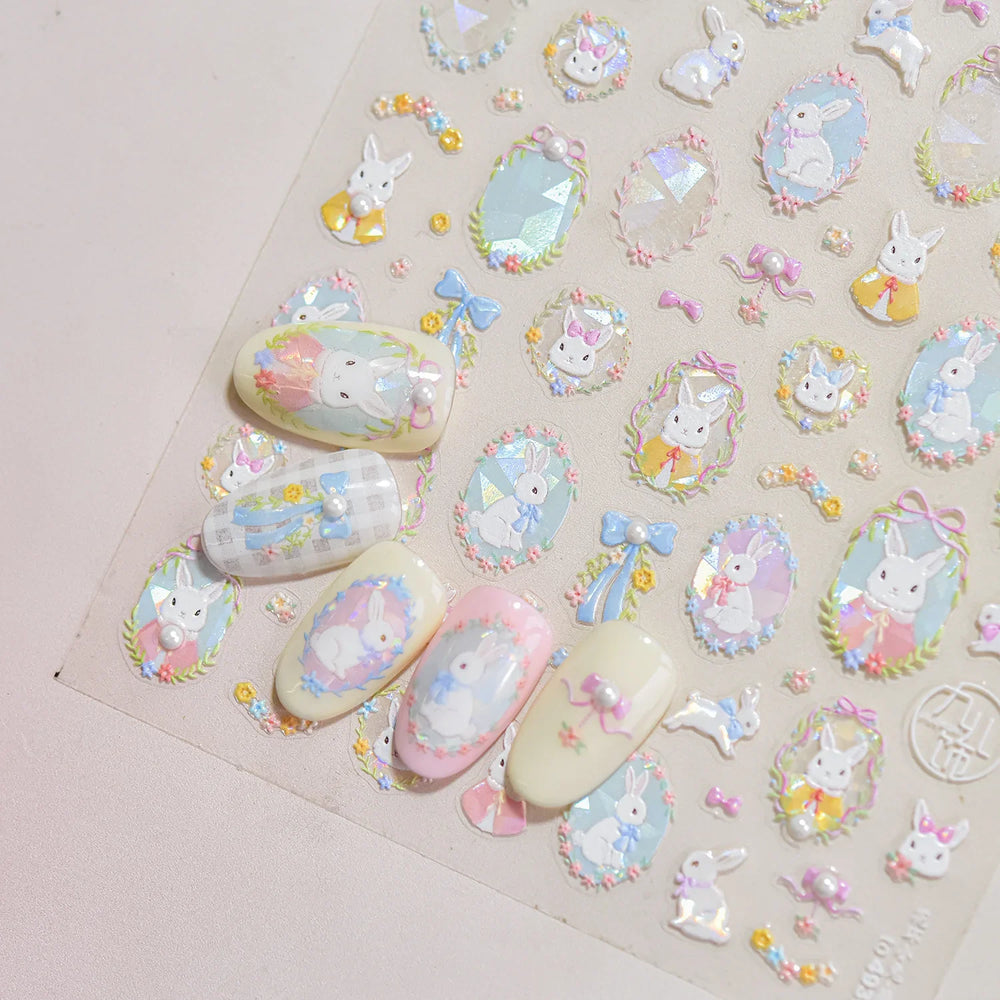 Flower Garland Lovely Bunny Rabbit Floral Wreath Bowknot Frame Spring Charm Heart 5D Adhesive Nail Art Stickers Manicure Decals (ONLINE ORDER ONLY)