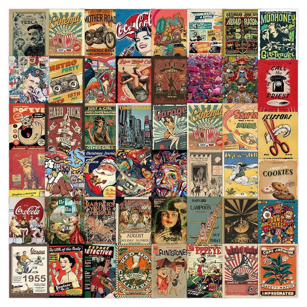 Retro Vintage Cartoon Stickers - 10/30/60PCS for Laptop, Luggage, Skateboard, DIY Fun Gift (Online Order Only)