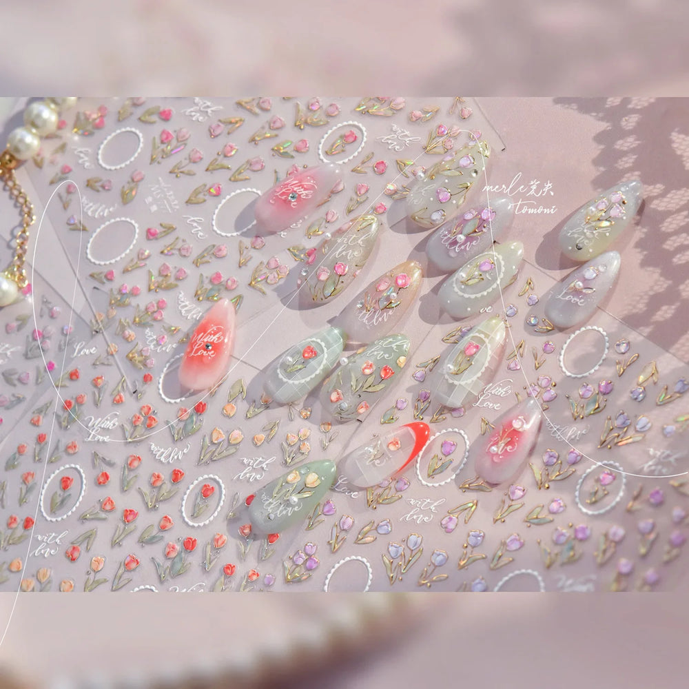 Retro Border Colourful Pink Purple Tulip Flower Bouquet Garden Fragrant 5D Soft Relief Adhesive Nail Art Sticker Manicure Decals (ONLINE ORDER ONLY)