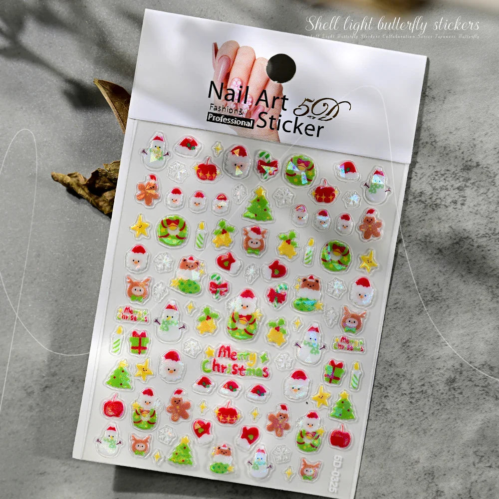 1pc Sweet Pink Christmas 5D Embossed Nail Art Stickers Shell Light Christmas Tree/Wreath Nails Decals Self-Adhesive DIY Manicure (Online Order Only)