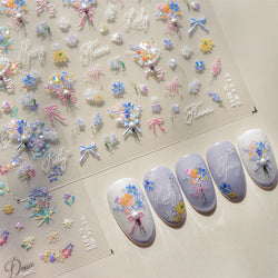Cute Spring Flowers Purple Blue White Bowknot Rose Garden Daisy 5D Soft Embossed Relief Adhesive Nail Art Sticker Manicure Decal (ONLINE ORDER ONLY)