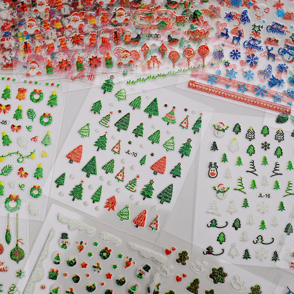30Sheet 3D Glitter Christmas Nail Art Stickers Santa Claus Snowflake Elk Christmas Tree Design Nail Decals Cartoon Nail Supplies (Online Order Only)