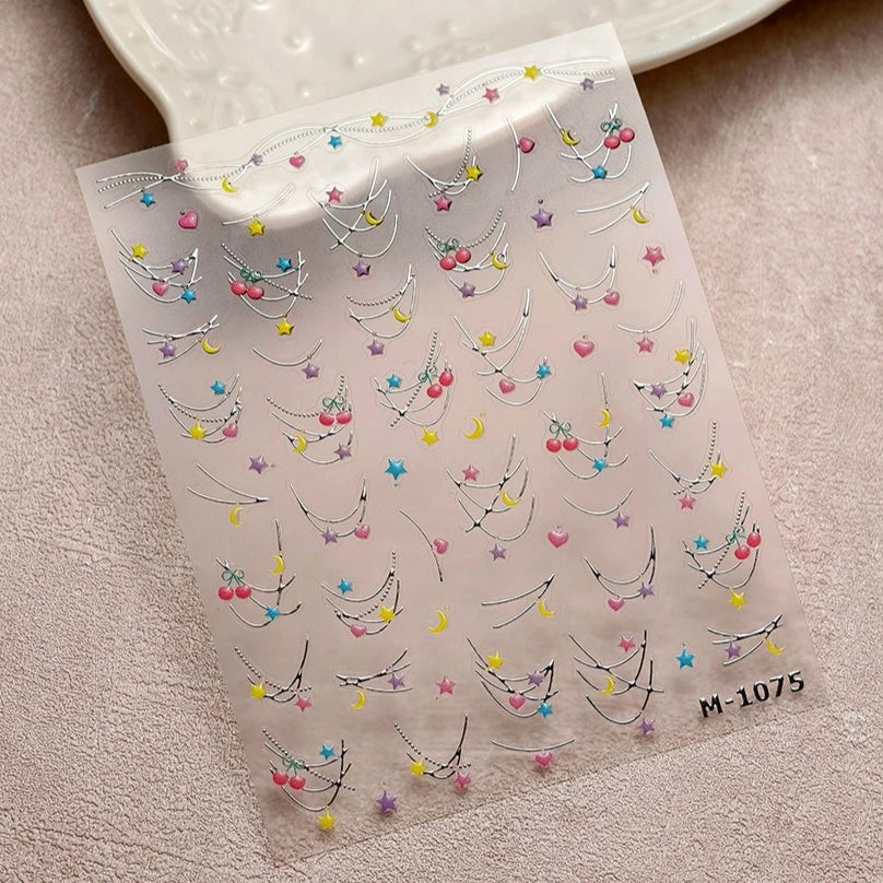 Chic Colourful Star Moon Curved Line Arc Necklace Love Heart Hanging in The Air Cherry Adhesive Nail Art Stickers Manicure Decal (Online Order Only)