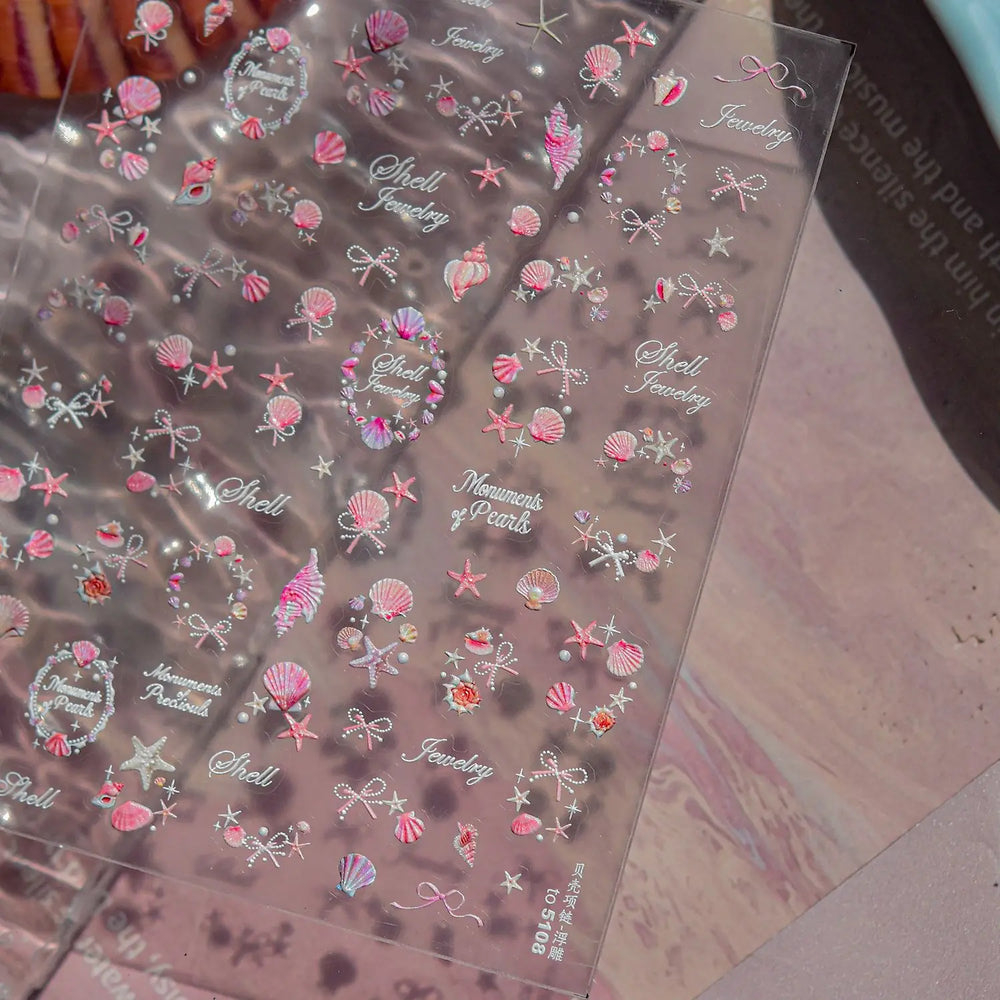 Pink Star Oceanic Shell Starfish Conch Bowknot Embossment Shiny Delicate 5D Chic Self Adhesive Nail Art Stickers Manicure Decals (Online Order Only)