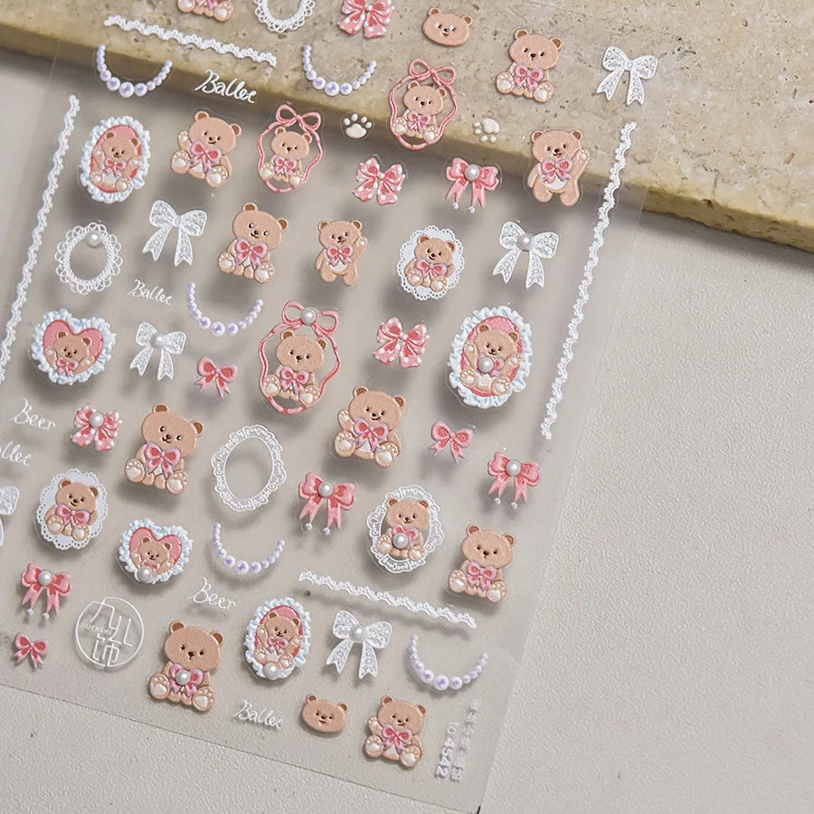 Retro Love Heart White Lace flower Bowknot Tie Pink Bear Flower Strawberry Adhesive Nail Art Stickers Rhinestone Manicure Decals (ONLINE ORDER ONLY)