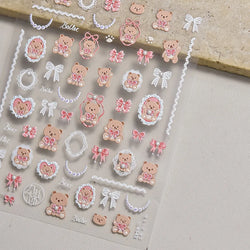Retro Love Heart White Lace flower Bowknot Tie Pink Bear Flower Strawberry Adhesive Nail Art Stickers Rhinestone Manicure Decals (ONLINE ORDER ONLY)