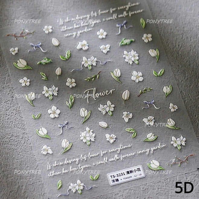 Dreamy White Lace Bowknot Purple Pink Gradual Tulip Flower Butterfly Garden Relief Adhesive Nail Art Stickers Manicure Decals (Online Order Only)