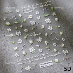 Dreamy White Lace Bowknot Purple Pink Gradual Tulip Flower Butterfly Garden Relief Adhesive Nail Art Stickers Manicure Decals (Online Order Only)