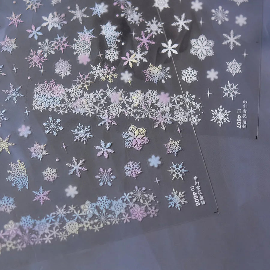 Winter Dreamy Hot Stamping Romantic White Pink Snowflakes Hexagon 3D Self Adhesive Nail Art Stickers Christmas Manicure Decals (ONLINE ORDER ONLY)