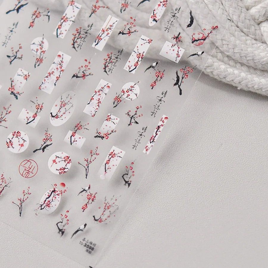 Red Plum Blossom Flower Chinese 3D Self Adhesive Nail Art Decoration Stickers Cheongsam Iris Lily Lotus Vase 5D Manicure Decals (ONLINE ORDER ONLY)