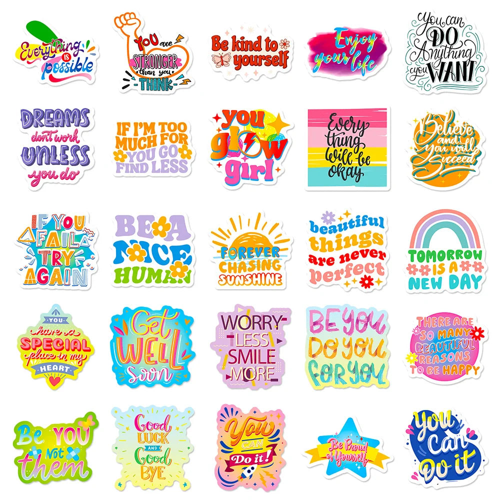 10/30/50/100pcs Cute Cartoon Motivational Phrase Stickers Inspirational Quote Decals Laptop Suitcase Phone Decoration Sticker (ONLINE ORDER ONLY)