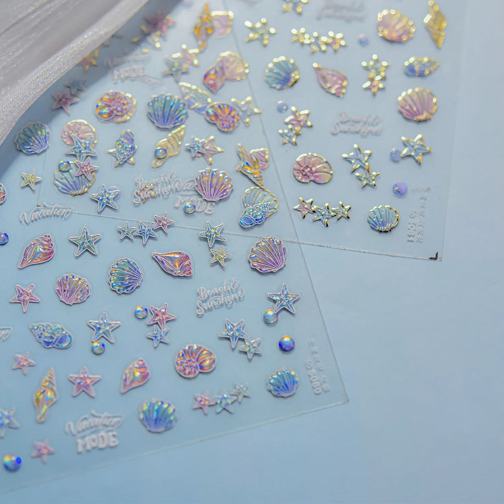 Shiny Colourful Marine Shell Starfish Ocean Elements Star Water Bubbles Star Conch Underwater Nail Art Stickers Manicure Decals (ONLINE ORDER ONLY)