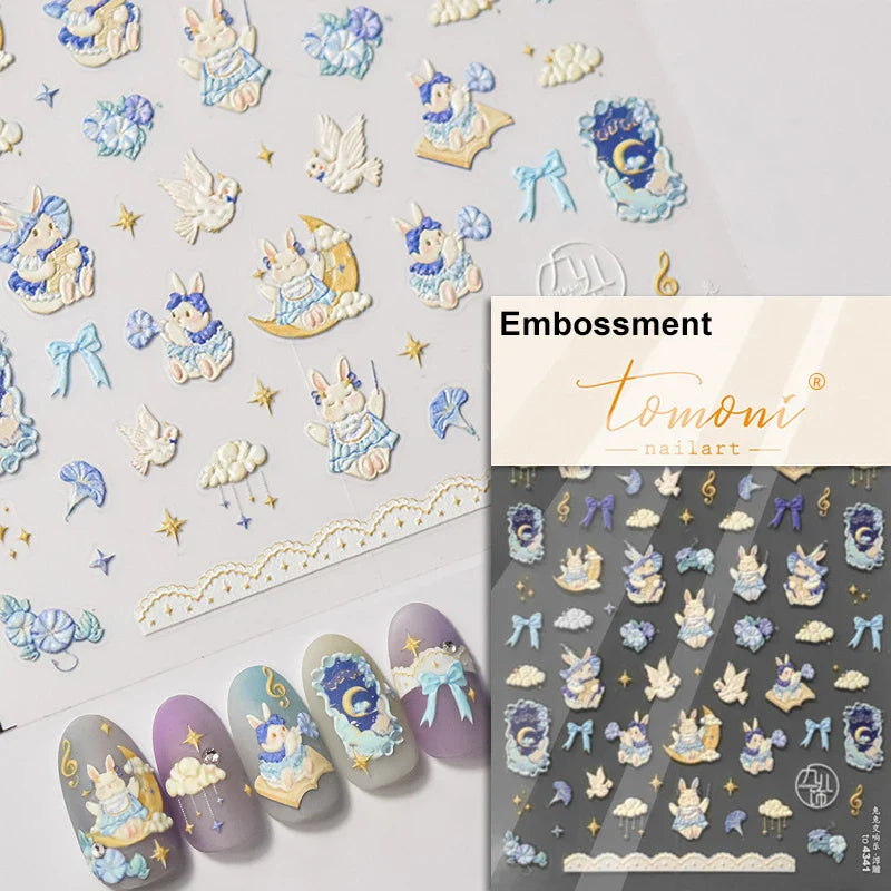 Pink Running Rabbit Bowknot Wreath Bunny Flower Tie Totem Pattern Self Adhesive Nail Art Sticker Pearl Rhinestone Manicure Decal (Online Order Only)