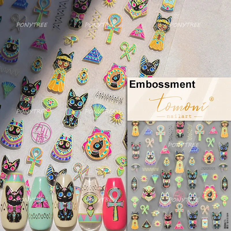 Mysterious Egyptian Cat Totem Eye Symbol Black Pharaoh Kitty Paw Sun Self Adhesive Nail Art Stickers Manicure Decals Wholesale (Online Order Only)