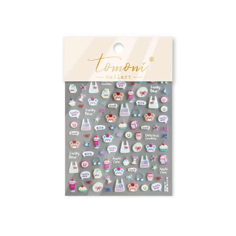 Bear Bowknot Bag Dessert Apple Core Earphone Cup Tulip Cherry Milk Cake Cookies Flower Adhesive Nail Art Stickers Manicure Decal (ONLINE ORDER ONLY)