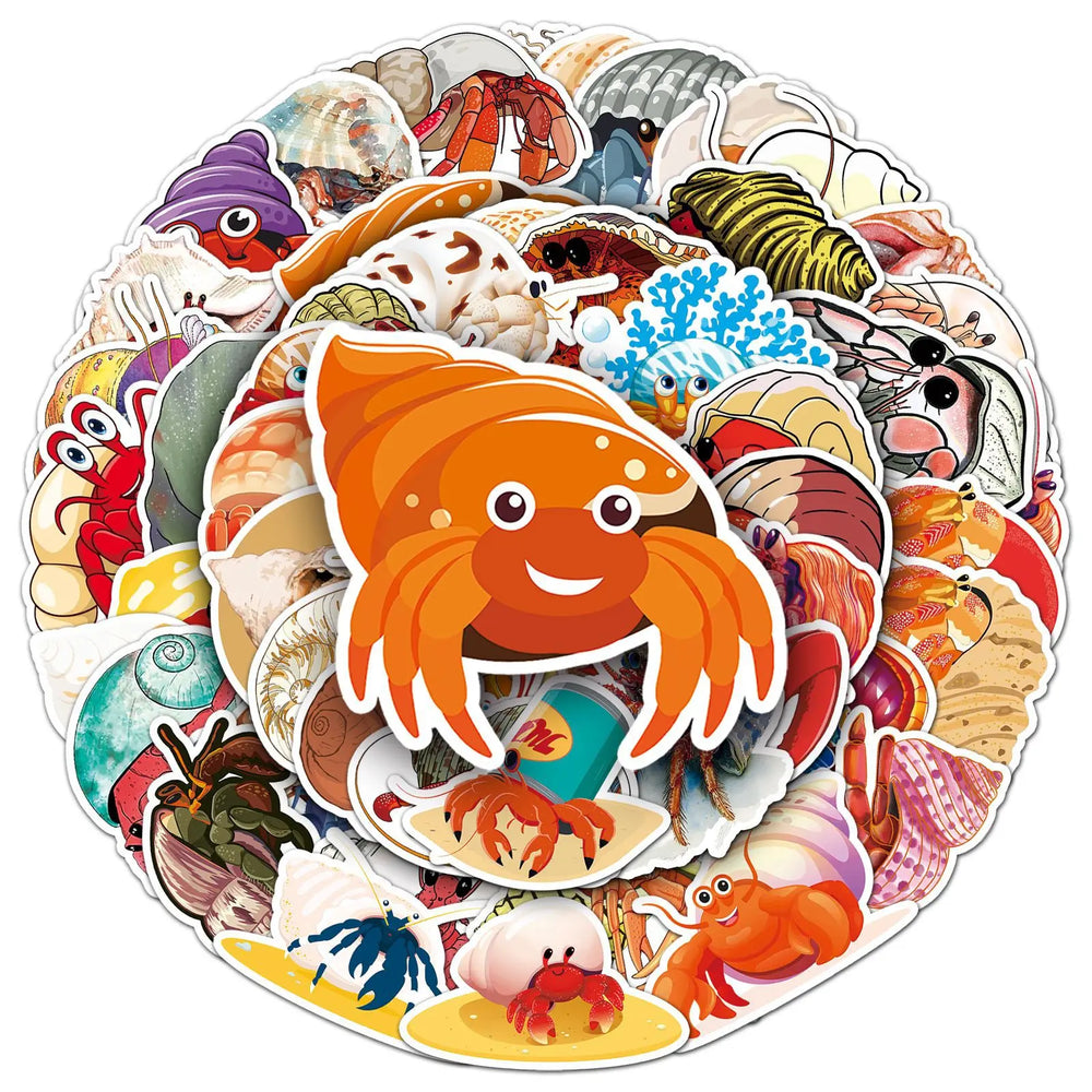 Hermit Crab Cartoon Stickers Pack - Cute Animal Decals for Luggage, Laptop, Phone, Guitar, Car, Bike, Skateboard (Online Order Only)