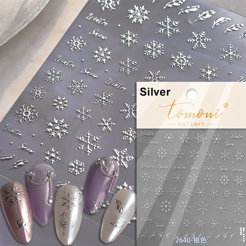 Hot Stamping Romantic White Gold Snowflakes Hexagon Winter 3D Self Adhesive Nail Art Stickers Shiny Rhinestone Manicure Decals (Online Order Only)