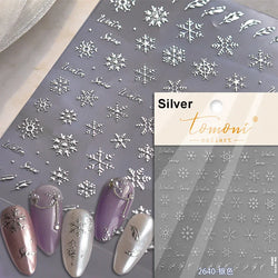 Hot Stamping Romantic White Gold Snowflakes Hexagon Winter 3D Self Adhesive Nail Art Stickers Shiny Rhinestone Manicure Decals (Online Order Only)