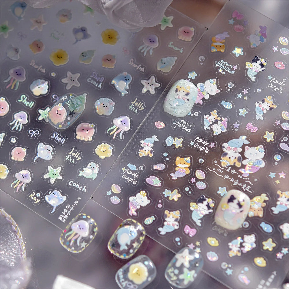 Colourful Ray Jellyfish Otter Cat Mermaid Octopus Starfish Bubbles Conch Shell Bowknot Summer Marine Nail Art Stickers Decals (ONLINE ORDER ONLY)