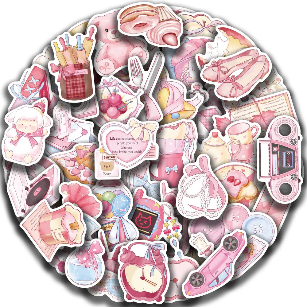 50Pcs Kawaii Cartoon Pink Stickers Cute Aesthetics DIY Toy Gift Graffiti Waterproof Decal for Phone Luggage Laptop Scrapbook (ONLINE ORDER ONLY)