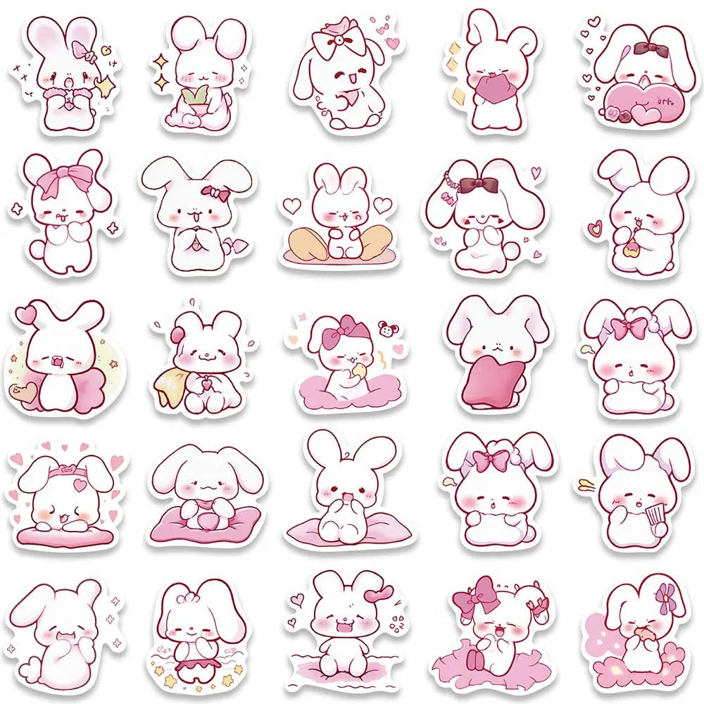 50pcs Cute Cartoon Pink Rabbits Stickers Pack For Skateboard Luggage Laptop Guitar Waterproof Graffiti Bicycle Phone Decals (ONLINE ORDER ONLY)