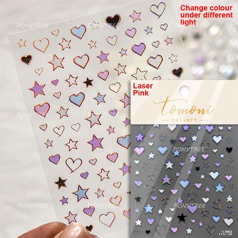Punk Star Shiny Laser Five-pointed Star White Black Pink Hollow Out Delicate Sparkle Adhesive Nail Art Stickers Manicure Decals (ONLINE ORDER ONLY)