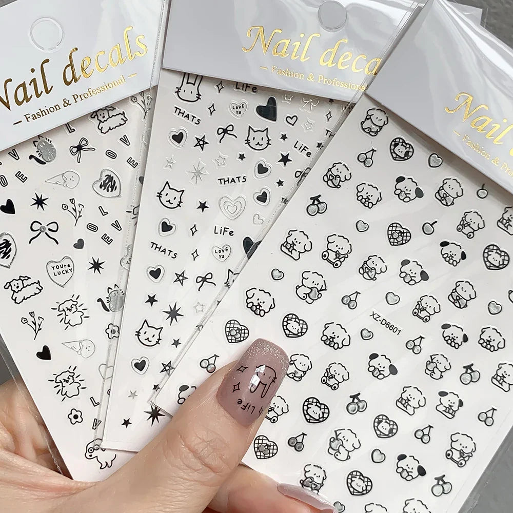 1Pc 3D Cute Black Silver Smile Dog Decals Y2K Cartoon Cat Footprint Nail Stickers Graffiti Star Heart DIY Manicure Slider Decor* (ONLINE ORDER ONLY)