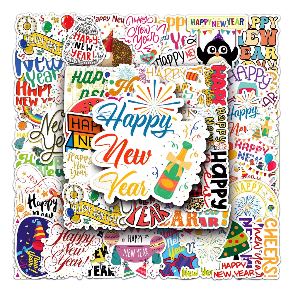 50Pcs New Year Cartoon Waterproof Vinyl Stickers for Skateboard Snowboard (Online Order Only)