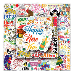 50Pcs New Year Cartoon Waterproof Vinyl Stickers for Skateboard Snowboard (Online Order Only)
