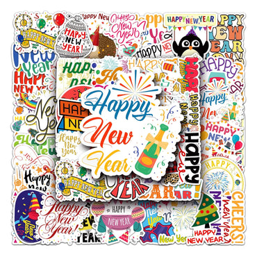 50Pcs New Year Cartoon Waterproof Vinyl Stickers for Skateboard Snowboard (Online Order Only)