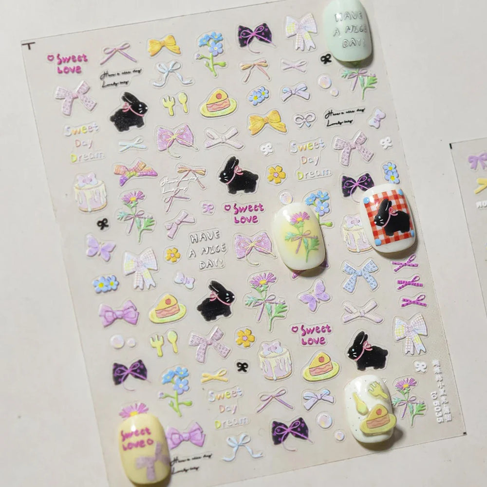 Shiny Black Rabbit Bowknot Flower Cake Fork Spoon 5D Soft Embossed 3D Flat Self Adhesive Nail Art Stickers Lovely Manicure Decal (ONLINE ORDER ONLY)