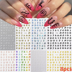 8pcs Gothic Alphabet Design Nail Art Stickers Retro English Letter Nail Art Stickers 3D Self-Adhesive Designs Nail Art Supplies* (Online Order Only)
