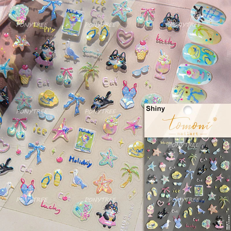 Summer Beach Bikini Watermelon Duck Cat Ice Cream Shell Coconut Tree Cherry Starfish Sunglasses Nail Art Sticker Manicure Decals (ONLINE ORDER ONLY)