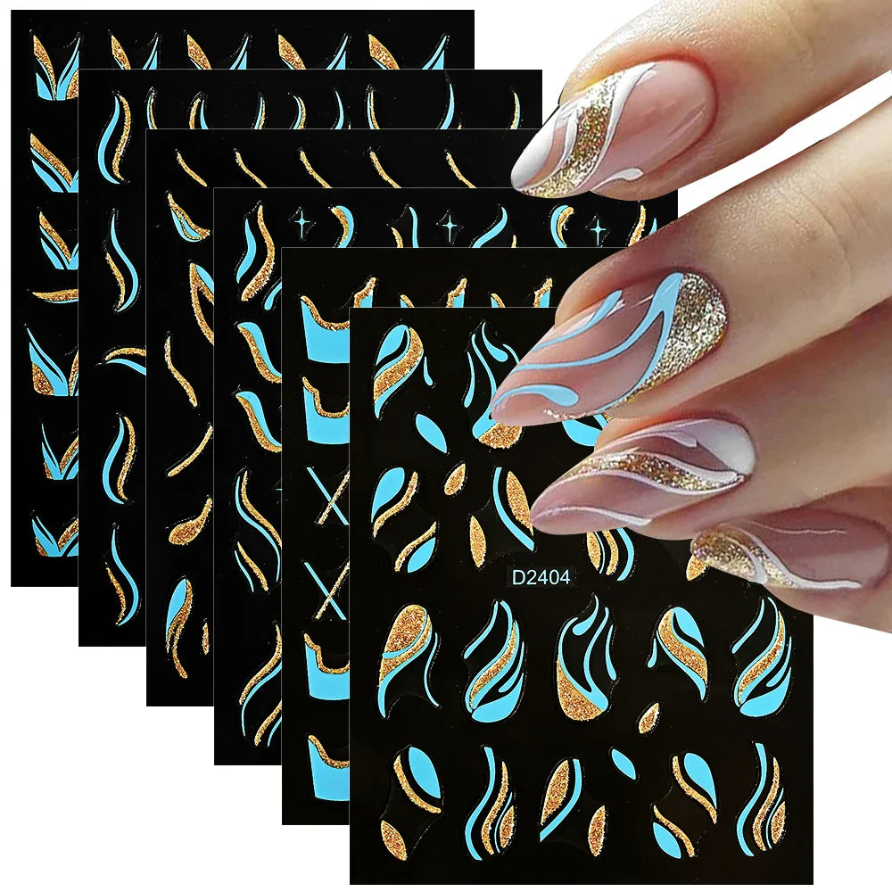 6pcs/Set Blue Gold Glitter French Design 5D Nail Stickers Curve Lines Swirls Wave Nail Sliders Reflective Flakes Decals Manicure (ONLINE ORDER ONLY)