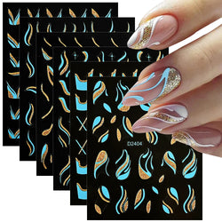 6pcs/Set Blue Gold Glitter French Design 5D Nail Stickers Curve Lines Swirls Wave Nail Sliders Reflective Flakes Decals Manicure (ONLINE ORDER ONLY)
