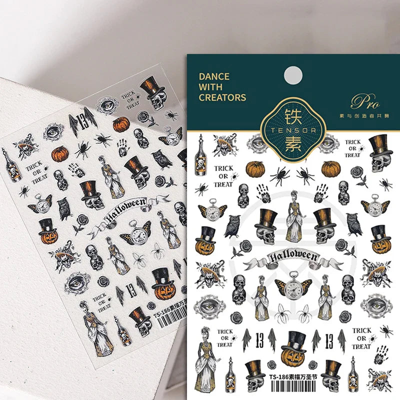 Halloween Ghost Pumpkin Bat Coffin Cat Spider Demon Jelly Self Adhesive Nail Art Sticker Terrifying Candy Candle Manicure Decals (ONLINE ORDER ONLY)