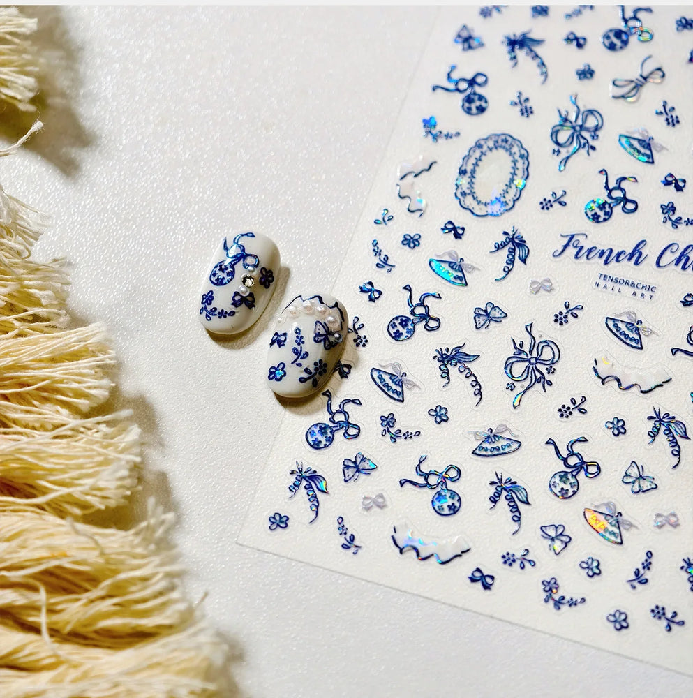 French Chic Blue Line Bowknot Fan Flower Leaves Butterfly Lace Frame Bell Shiny Self Adhesive Nail Art Stickers Manicure Decals (ONLINE ORDER ONLY)