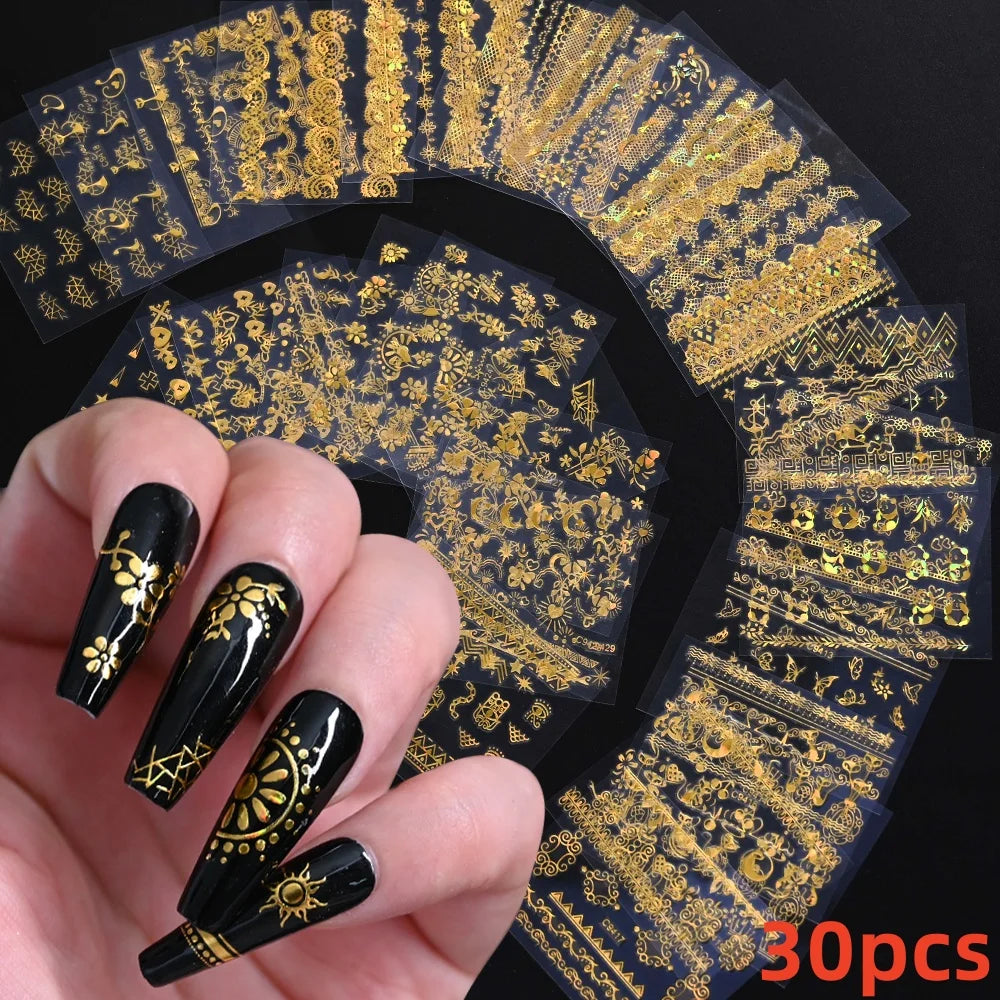 30Pcs/Set Red Golden 3D Nail Art Sticker Hot Stamping Hollow Decals Mixed Designs Adhesive Flower Nail Tips Letter Butterfly Set (Online Order Only)