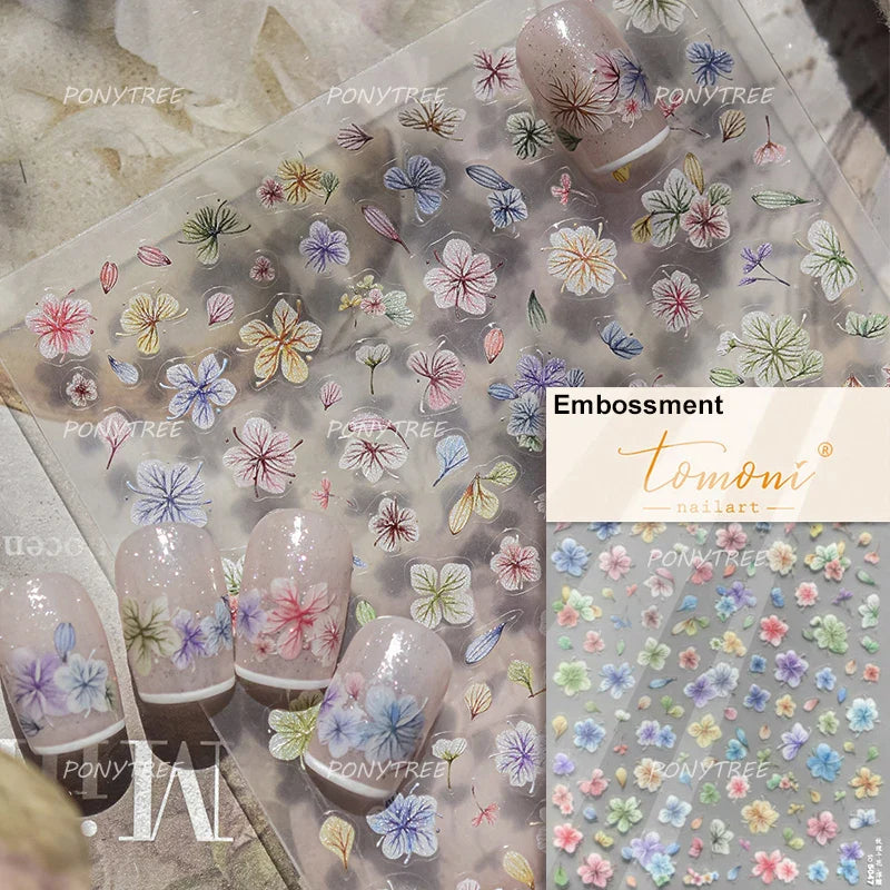 Colorful Dried Flowers Wreath Floral Plant Petal Bud Garden Charming 5D Reliefs Self Adhesive Nail Art Stickers Manicure Decals (Online Order Only)
