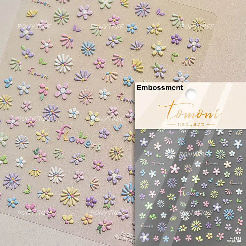 Cute Beige Yellow Pristine Fresh Daisy Flower 5D Shiny Soft Embossed Relief Charm Self Adhesive Nail Art Stickers Manicure Decal (ONLINE ORDER ONLY)