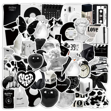10/30/50pcs Ins Style Cute Stickers Aesthetic Black White Simple Decals Decoration Scrapbook Suitcase Laptop Fridge Wall Sticker (Online Order Only)