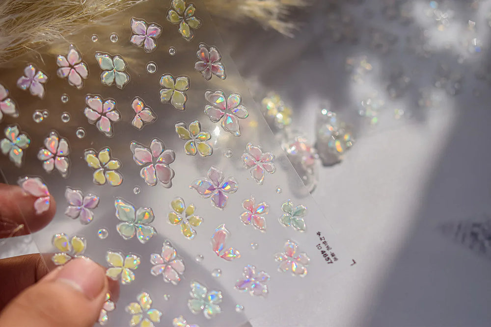 Gradient Coloredful Flower Petal Green Leaf Dreamy Shiny Chinese Rose Fantasy Relief Adhesive Nail Art Stickers Manicure Decals (Online Order Only)